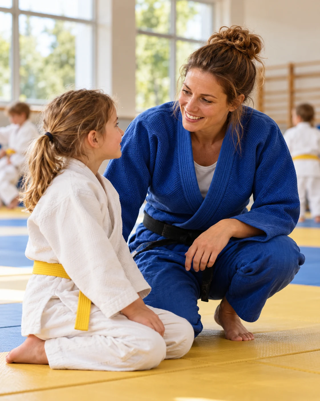 Judo-Trainerin und Kind – illustratives Sportmotiv